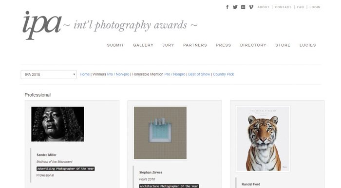 Скриншот с сайта фотоконкурса International Photography Awards