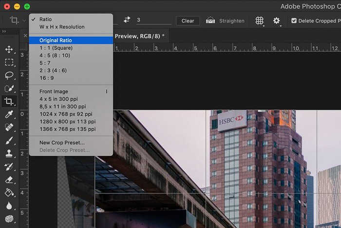 Скриншот, показывающий, как обрезать фотографию в Photoshop - выбор коэффициента обрезки