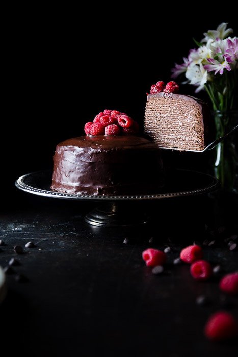 Dark and moody food portrait of the chocolate cake