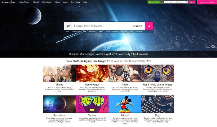 Скриншот домашней страницы Dreamstime - продажа фотографий онлайн стоковым агентствам