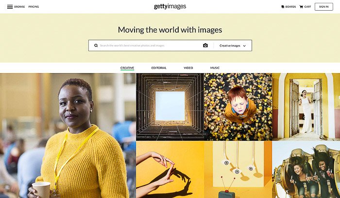 Скриншот домашней страницы Getty images - продажа фотографий онлайн стоковым агентствам