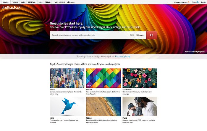 Скриншот домашней страницы Shutterstock - продажа фотографий онлайн стоковым агентствам