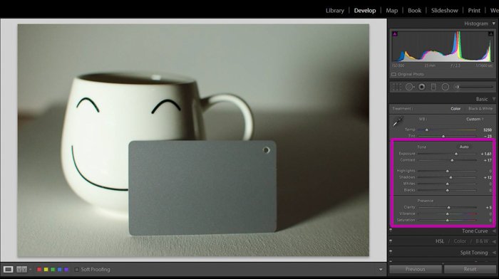 Скриншот, показывающий, как использовать серую карту для коррекции цвета в Lightroom