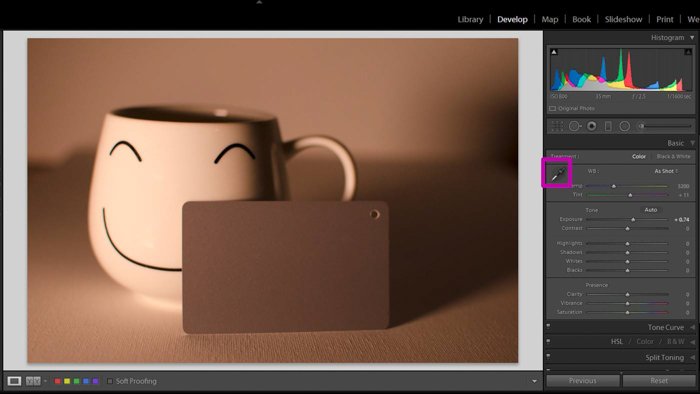 Скриншот, показывающий, как использовать серую карту для коррекции цвета в Lightroom - выберите инструмент eyedropper