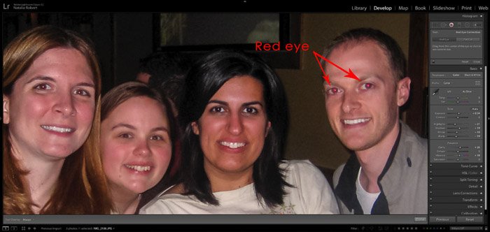 Скриншот, показывающий, как исправить красные глаза в портретной фотографии с помощью Lightroom - удаление красных глаз