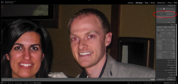 Скриншот, показывающий, как исправить красные глаза в портретной фотографии с помощью Lightroom - удаление красных глаз