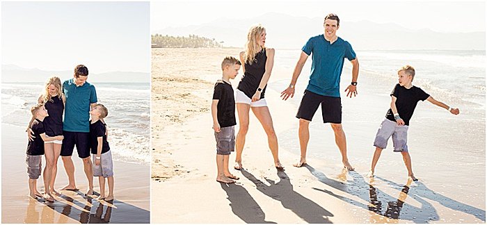 A fun and casual family porttrait diptych of the family of four posing on the beach - emotional photography
