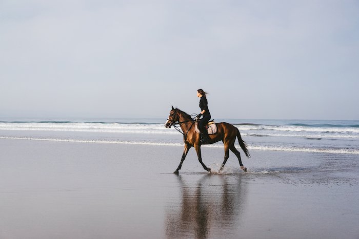 Изображение женщины верхом на лошади на пляже по правилу третей
