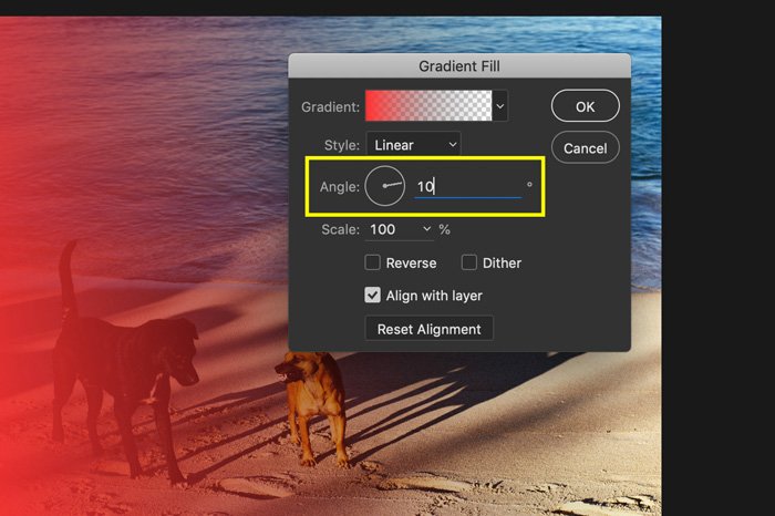 Скриншот того, как использовать градиентную заливку для добавления световых потеков на фотографию в Photoshop