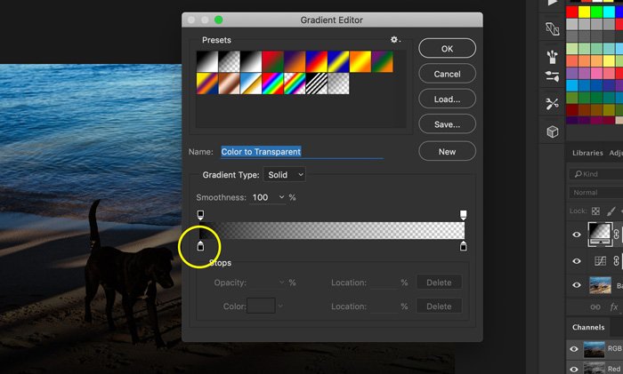 Скриншот того, как использовать редактор градиентов для добавления световых потеков на фотографию в Photoshop