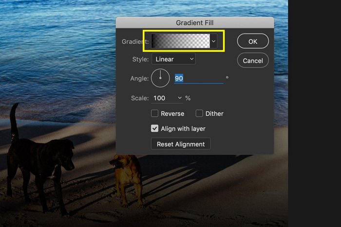 Скриншот, как добавить световые потеки на фото в Photoshop - редактор градиентов