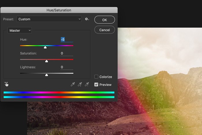 Скриншот, показывающий, как использовать наложение световых потоков в Photoshop - оттенок/насыщенность
