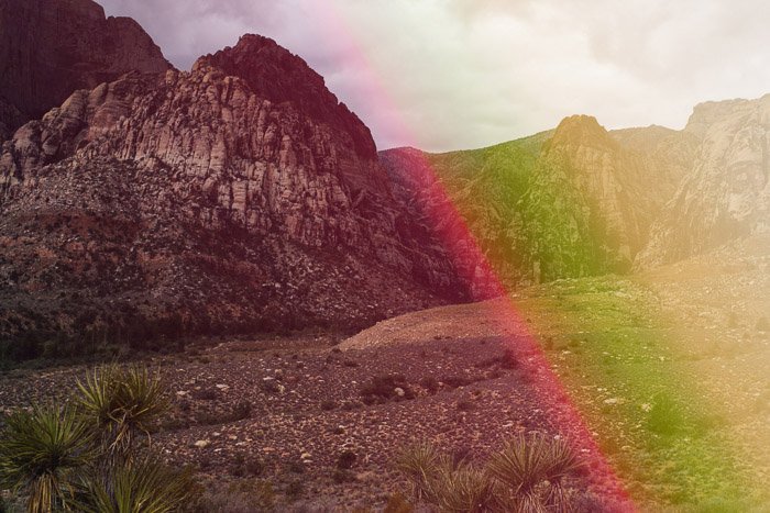 Фотография скалистого пейзажа с креативными наложениями утечки света