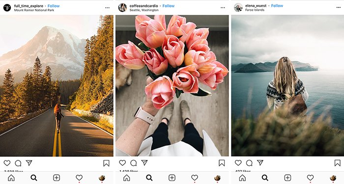 Триптих из трех экранов смартфонов, открытых на ленте Instagram - как делать хорошие фотографии instagram