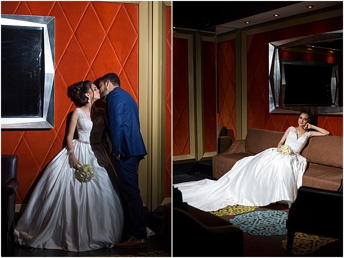 Диптих свадебного портрета целующихся молодоженов и невесты, отдыхающей на диване - свадебная фотосъемка со вспышкой