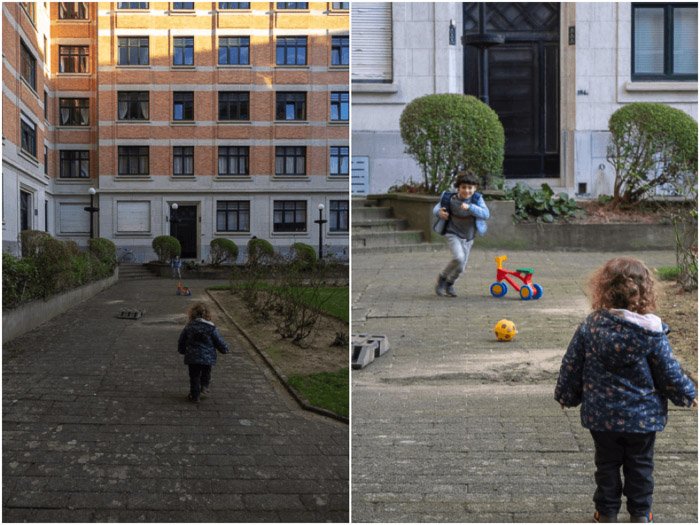 Диптих откровенных фотографий ребенка, играющего на улице, демонстрирующий эффект сжатия перспективы при переходе от 24 мм к 200 мм.