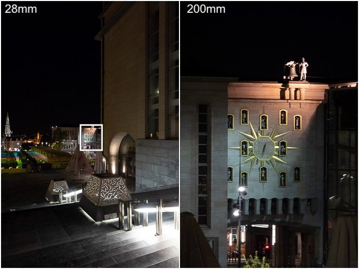 Диптих ночной съемки здания в путешествии с использованием объективов 28 мм и 200 мм