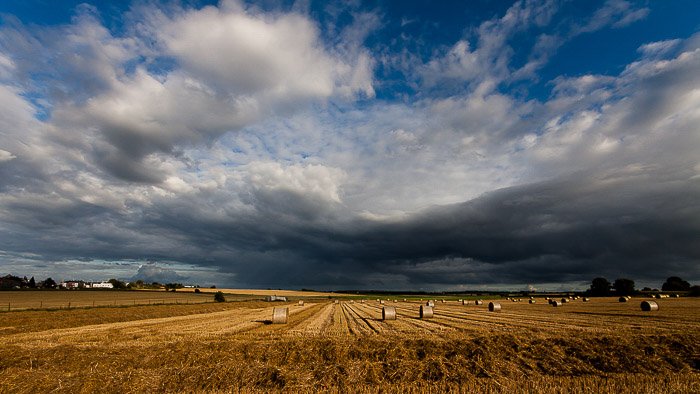 Типичный широкоугольный пейзажный снимок поля под облачным небом