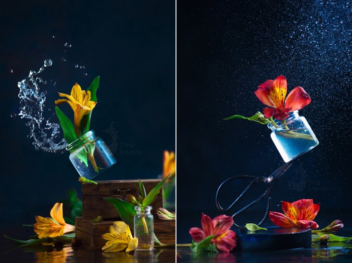 Дождливый диптих стеклянной банки с падающими цветами - идеи весенних фотографий