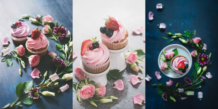 Симпатичный натюрморт на тему еды с кексами и цветами - идеи для весенней фотографии
