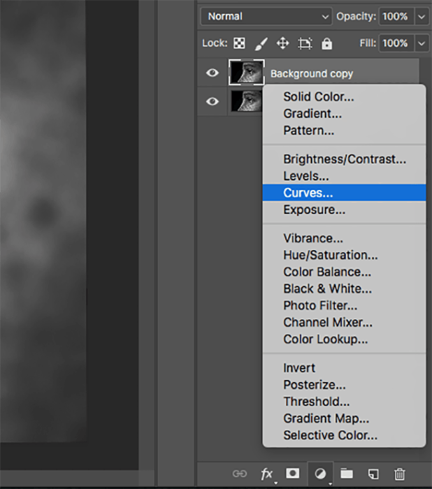 Скриншот, показывающий, как раскрасить черно-белые фотографии в Photoshop - кривые