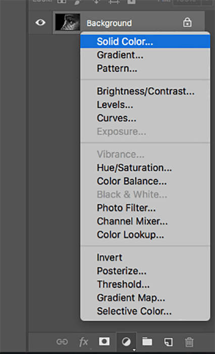 Скриншот, показывающий, как раскрасить черно-белые фотографии в Photoshop - сплошной цвет