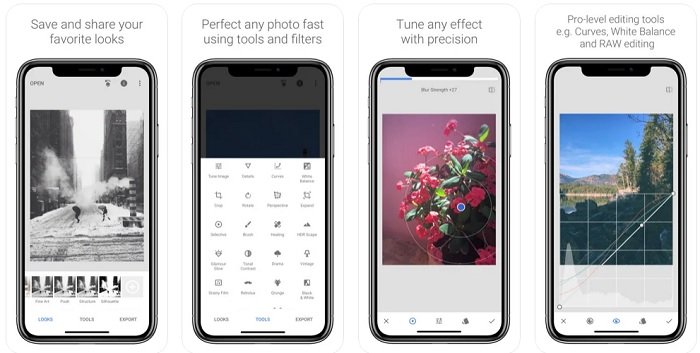 Четыре экрана смартфона с Snapseed как пример лучших приложений для ретуширования фотографий