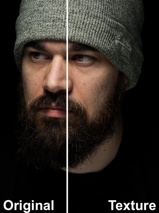Split image showing the effects of Lightrooms texture control slider on the portrait of male model