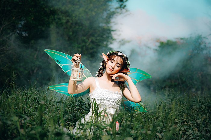 Dreamy cosplay photography of female model dressed as fairy posing in the field