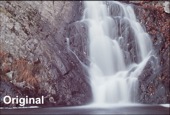 Анимированный gif, показывающий эффекты слайдера управления текстурами Lightrooms на фотографии водопада