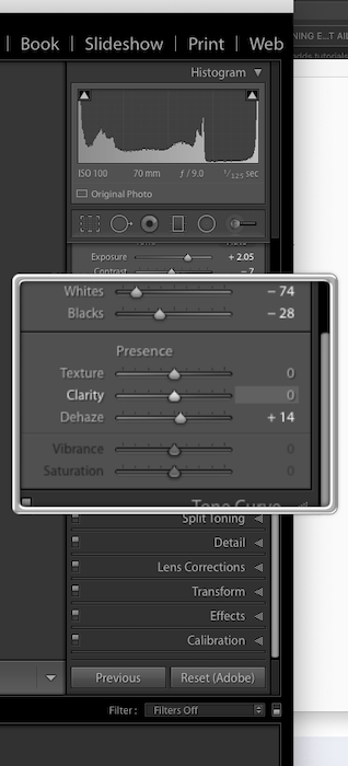 Скриншот слайдера текстур Lightrooms, расположенного в панели Basic