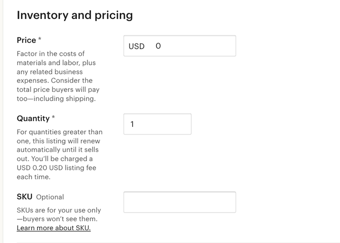 Скриншот инвентаря и цен для продажи фотографий на etsy 