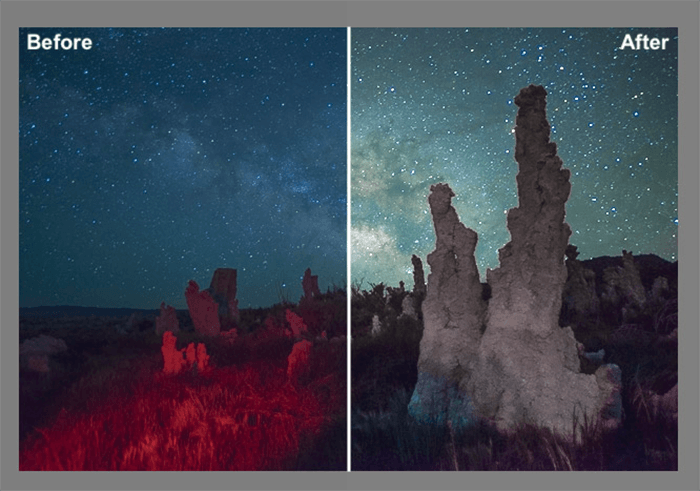 Диптих астрофотографии до и после редактирования с помощью пресета Gavin Hardcastles Milky Way Пресеты Lightroom