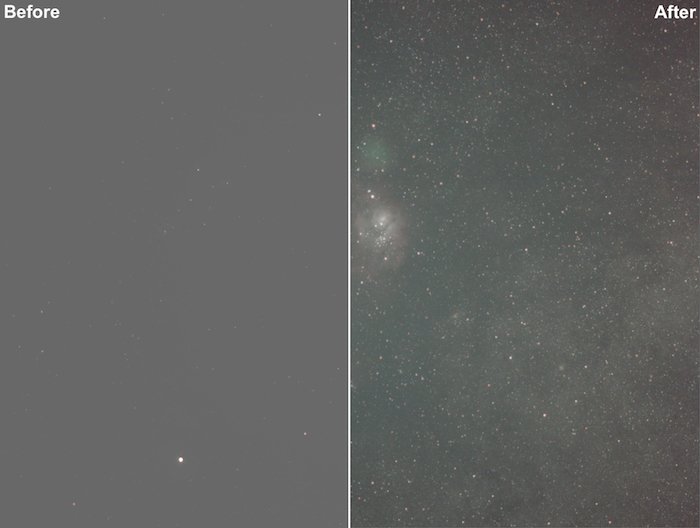 диптих астрофотографии до и после редактирования с помощью Astro Actions By Enterprise Astronomy & Photography Энни