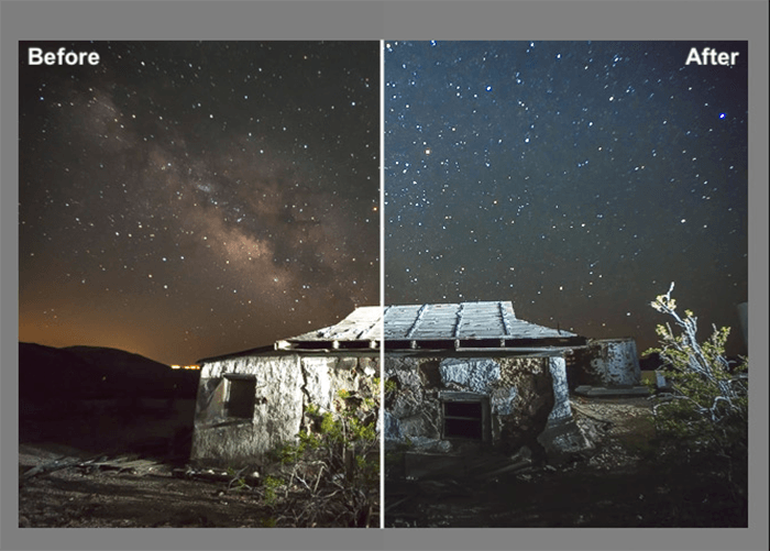 Диптих астрофотографии до и после редактирования с помощью Gavin Hardcastles Milky Way Пресеты Lightroom