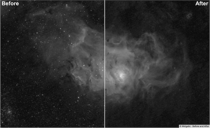 Скриншот, показывающий до и после использования экшн-редактирования The Star Removal для астроснимков