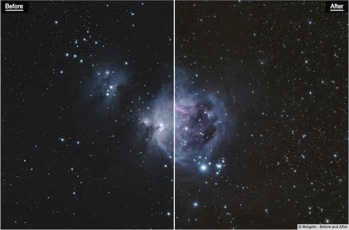 До и после редактирования с помощью Photokemi's Star Tool By Ken Mitchell - best astrophotography software