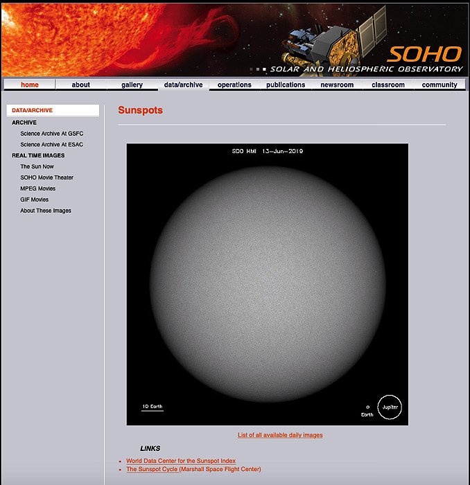 скриншот с сайта миссии SOHO Nasa - советы по солнечной фотографии