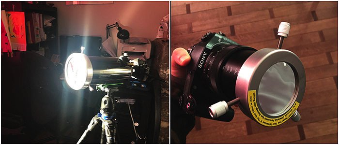 Солнечные фильтры, закрепленные на зеркальной фотокамере с помощью винтов с накатанной головкой на объективе или корпусе телескопа