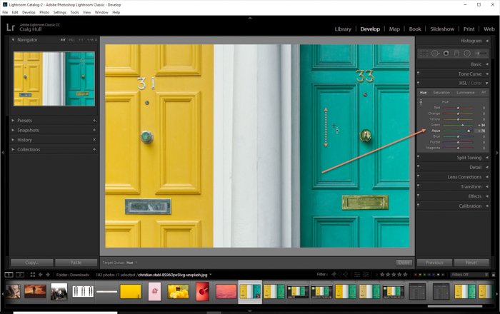 Скриншот, показывающий, как использовать слайдеры HSL в Lightroom - цветовой оттенок