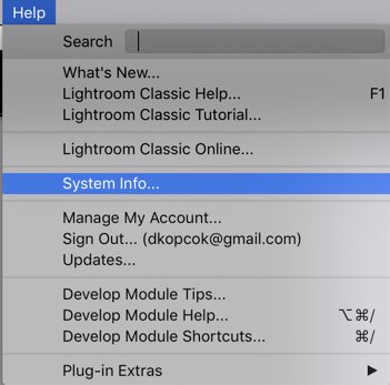 снимок экрана, показывающий, как проверить информацию о системе в Lightroom
