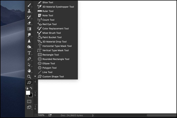 Скриншот, показывающий, как выбрать инструмент Custom Shape в Photoshop