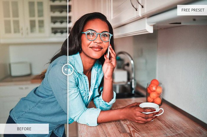 Сплискрин фотографии женщины, держащей кофе на кухонном столе, до и после редактирования с оранжевым и тиловым пресетом amber