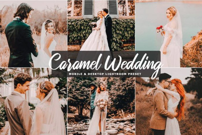 Монтаж свадебных фотографий, отредактированных с помощью карамельных свадебных бесплатных пресетов lightroom