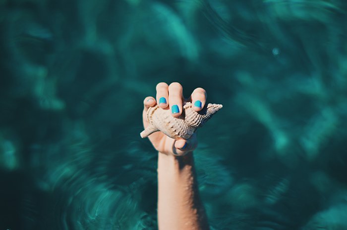 крутая фотография ногтей женщины-модели с накрашенными ногтями, держащей морскую раковину