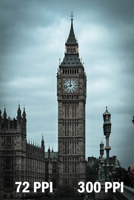 Image of Big Ben showing 72 PPI and 300 PPI image quality 