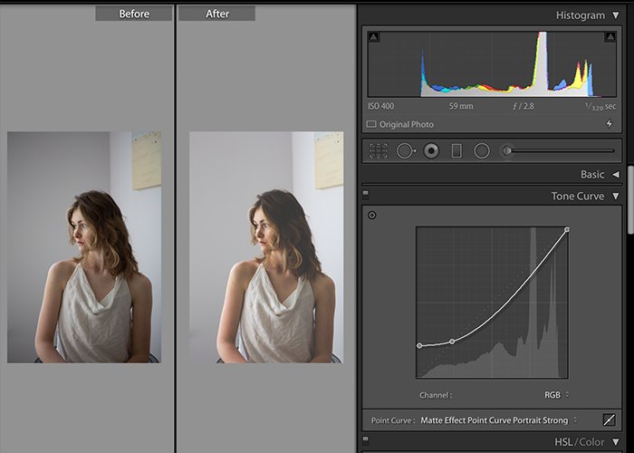Скриншот редактирования фотографии в Lightroom - матовый эффект