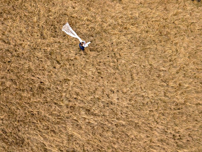 Свадебное фото с дрона на поле