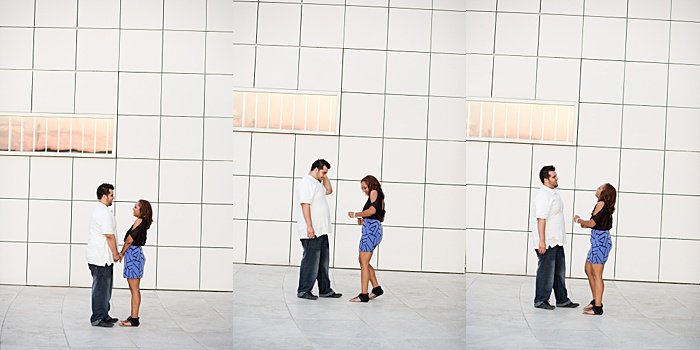 триптих портрет пары, пробующей позы для помолвочного фото в помещении