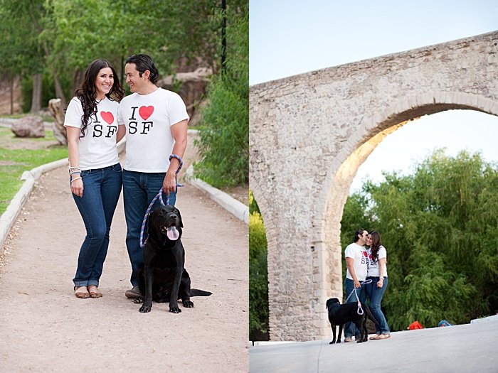 a casual engagement portrait diptych of the couple with dog 